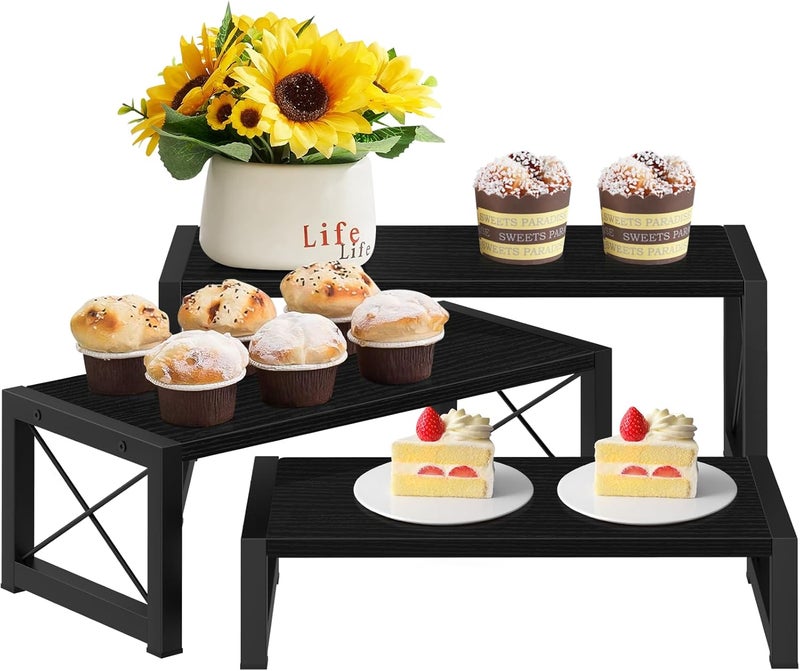 ELITEROO Black 3-Tier Wooden Cupcake and Dessert Display Stand, Multi-Tier Riser for Cupcakes, Food, Perfume, Makeup, Dolls, Collectibles, and Market Vendor Retail Shelf Organizer - Image 1